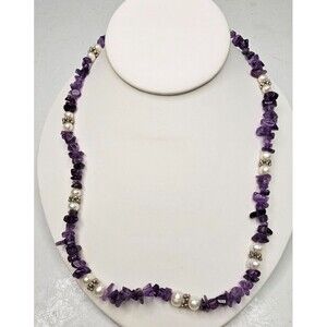 Amethyst Chip, Silver Tone and Natural Pearl Necklace 21"L